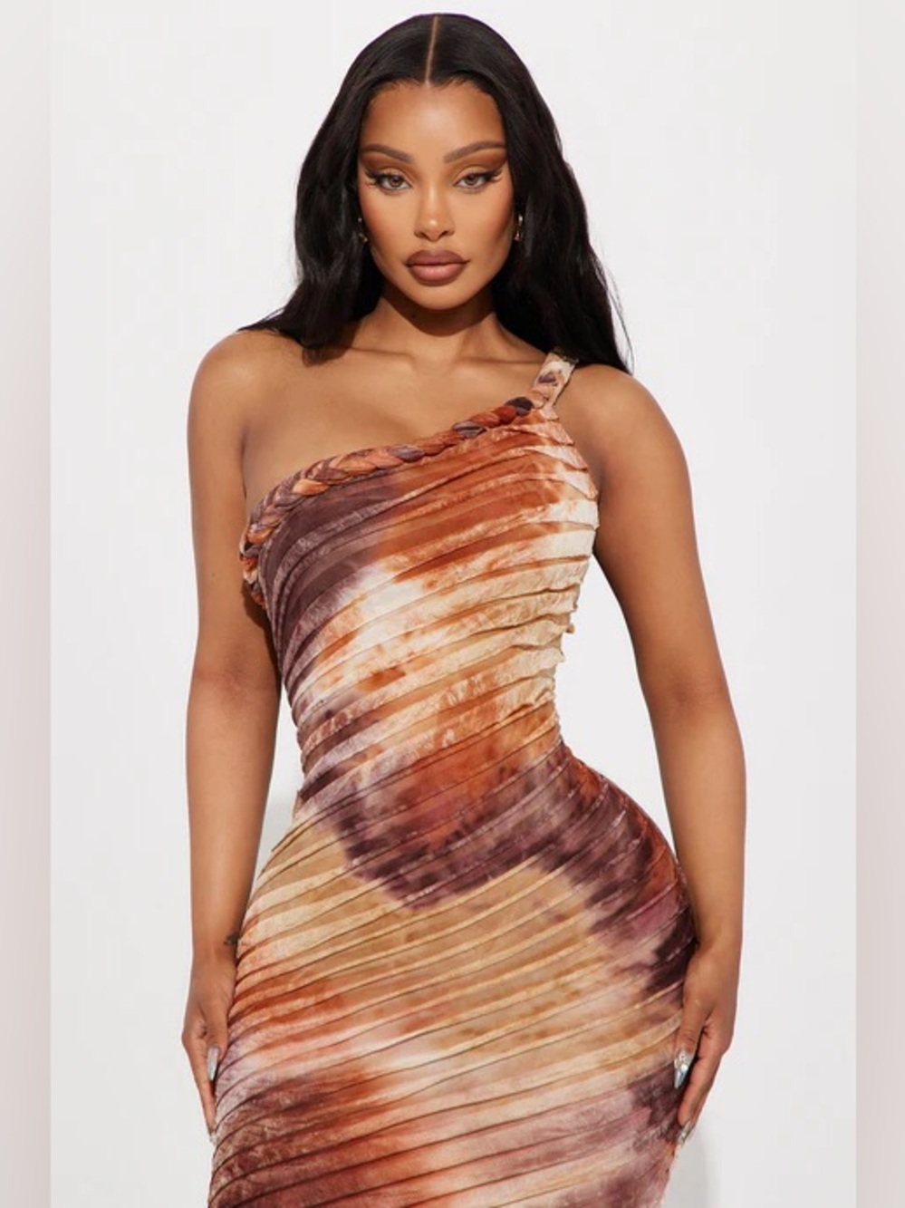 Fashion Nova One-Shoulder Tie-Dye Ribbed Maxi Dress in Brown and Cream - Picture 2 of 9